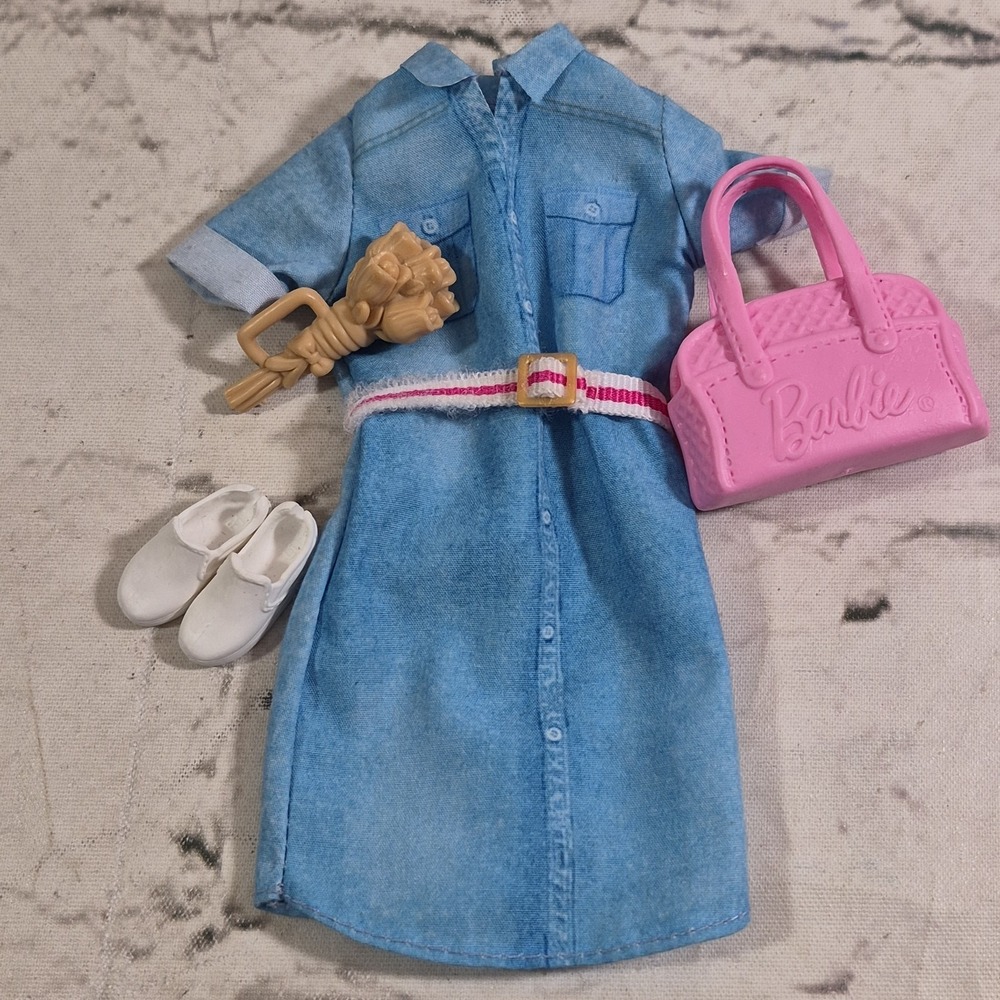 Barbie Doll Clothes Outfit Jean Shirt Dress Sneakers Shoes Flowers Pink Bag Lot